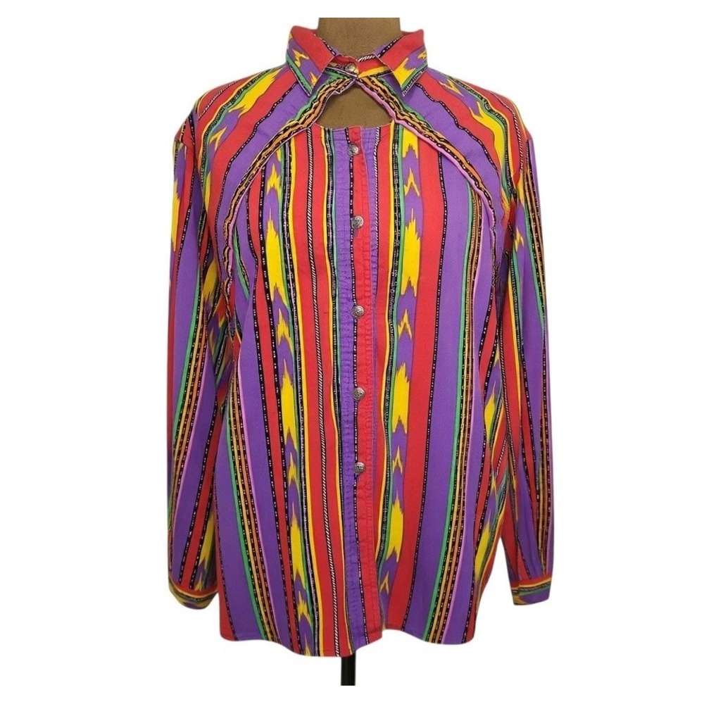 Vintage Western Wear Aztec Cowboy Cutout Size M Colorful Long Sleeve Women's